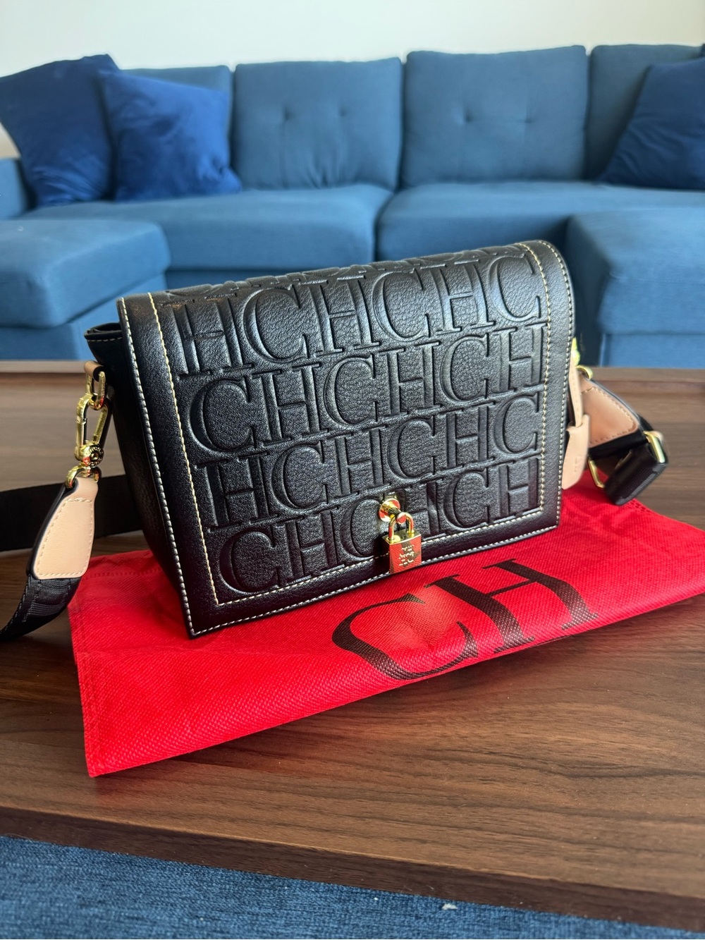 CH Black Embossed Crossbody Bag with Gold Hardware